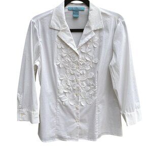 Debra McGuire Womens 8 White Button-Up Floral Applique Cut Out 3/4 Sleeve Blouse